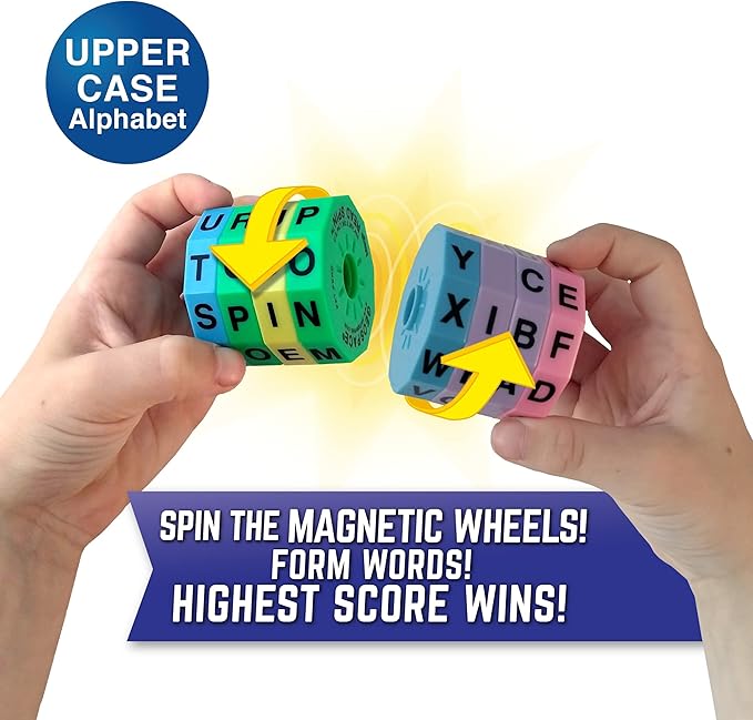 Geospace Read Spin Education Game for Kids – A Handheld Magnetic Spelling Game with Storage Pouch (Upper Case Letters)