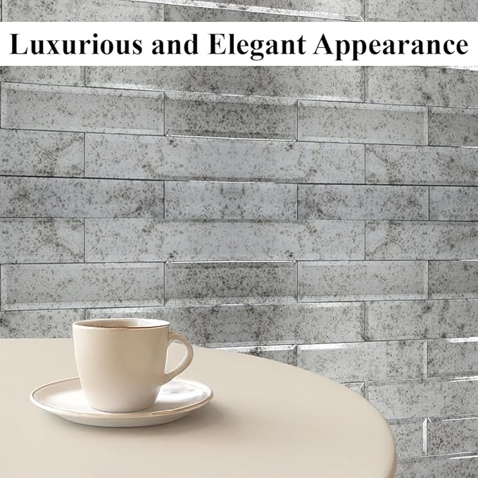 Box of 20 Antique Mirror Beveled Glass Subway Tiles – 3" x 12" Vintage Silver Finish, 5 Sq Ft, Not Peel & Stick, for Kitchen Backsplash, Bathroom Wall, Shower, Fireplace Surround, Bar or Accent Wall