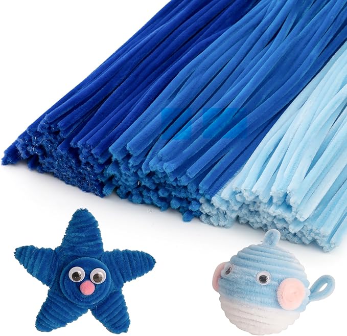 Caydo 300 Pieces Blue Pipe Cleaners, Thick Fluffy Chenille Stems, Pipe Cleaner Crafts for Arts & Crafts, Perfect for Making Animals, Flowers, and Festive Decorations