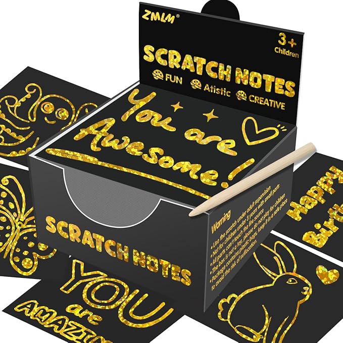 ZMLM 165 Rainbow Scratch Paper Art Crafts Mini Notes Kids Gifts 4 5 6 7 8 9 10 Years Old Girls Boys Students Teens Classroom Prizes School Supplies Birthday Party Travel Toy Activity(Gold Holographic)