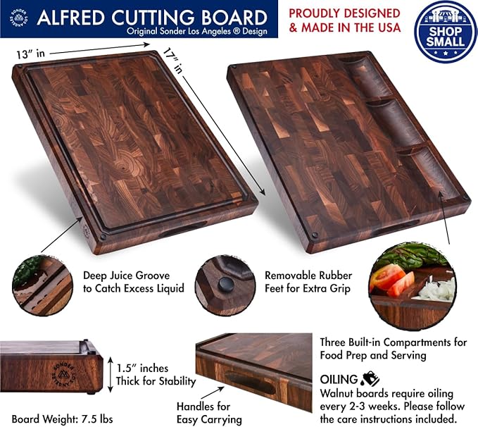 Sonder Los Angeles Alfred Cutting Board Made in USA | Black Walnut End Grain Cutting Board with Non-Slip Feet, Juice Groove, Sorting Compartments | Gift Box Included | 17x13x1.5 in