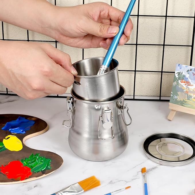 Portable Paint Brush Cleaner Leak-Proof Brush Cup Washer Large Airtight Stainless Steel Brushes Holder with Removable Filter and Lid for Oil Acrylic Watercolor Painting, 25 oz