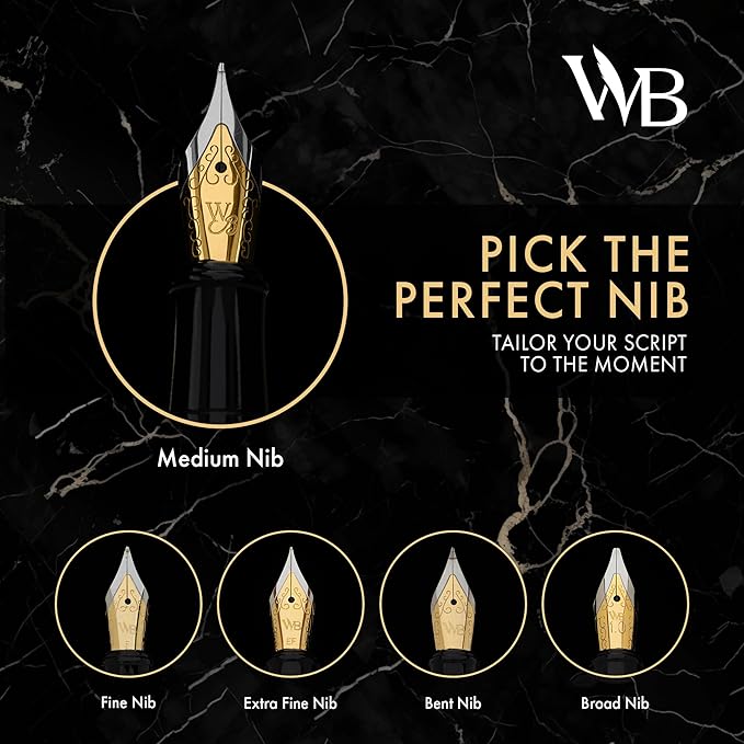 Wordsworth & Black Fountain Pen Set, Medium Nib, Includes 24 Ink Cartridges and Ink Refill Converter, Gift Case, Journaling, Calligraphy, Smooth Writing Pens [Black Chrome], Perfect for Men and Women