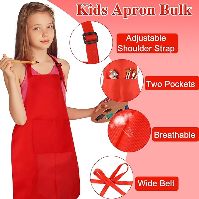 6 Pack Kids Apron bulk with 2 Pockets Adjustable Chef Art Apron Kids Painting Aprons for Cooking Baking Painting Crafting Grilling Activity（6 Color）
