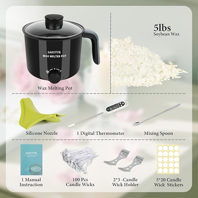 SAEUYVB Candle Making Kit,Soy Wax for Candle Making,DIYCandle Making Supplies,Including 5lbs Natural Soy Wax Flakes,Wax Melter,Thermometer,Wicks,Candle Kit for Adults,Beginnner