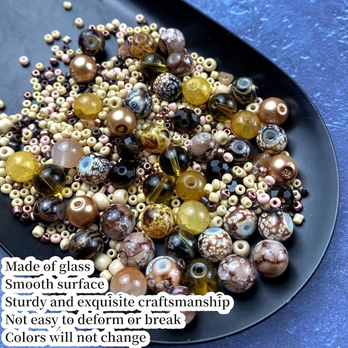 Assorted Glass Resin Beads Multi Size Colors Smooth Cracked Gravel Millet Spacer Beads for Bracelets Necklace Earring DIY Jewelry Making Craft(Light Brown Series)