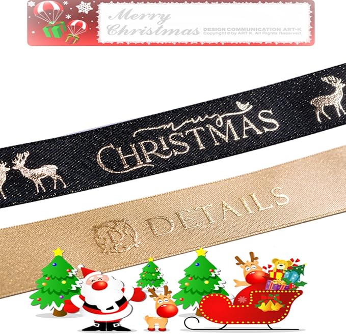 Christmas Gift Wrapping Ribbon, Red, Green, 2 Rolls Printed Grosgrain Ribbons for Crafts, Floral Bouquets, Sewing, Party and Festive Holiday Decor (2 Rolls(Black/Gold), 1 Rolls=5/8in * 5Yards)