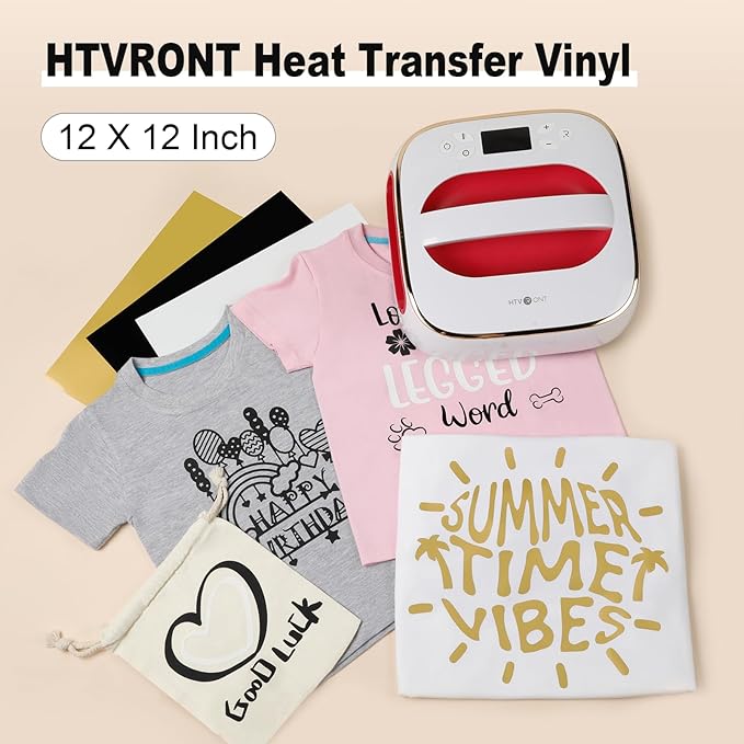 HTVRONT Gold HTV Heat Transfer Vinyl Bundle: 10 Pack 12"x12" Iron on Vinyl for T-Shirt (1 PTFE Sheet Included), PU HTV Vinyl Easy to Cut & Weed for Heat Design