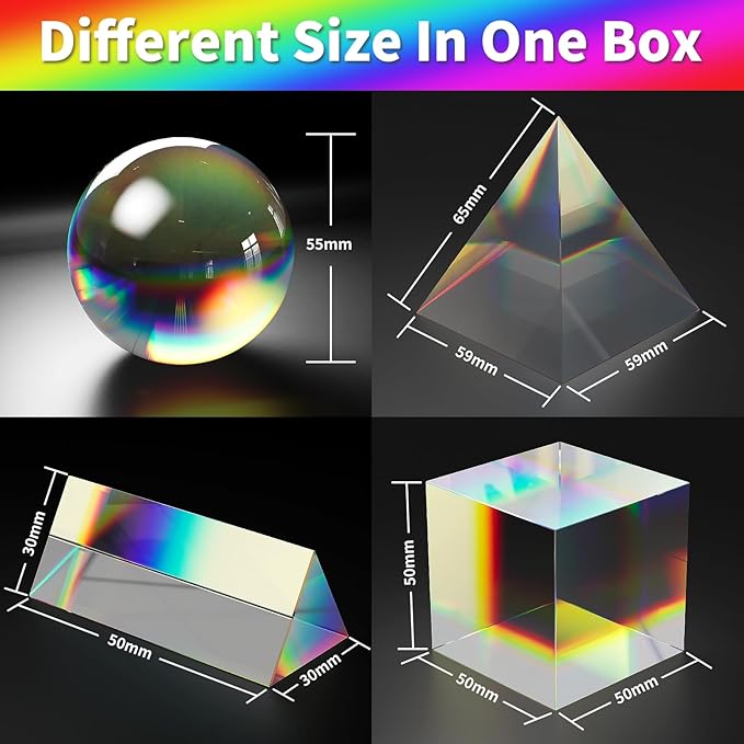 Prism Set, 4 Pack K9 Optical Crystal Photography Prism Set, Include 55mm Crystal Ball, 50mm Crystal Cube, 50mm Triangular Prism, 60mm Optical Pyramid, Gift Box for Teaching, Science, Photography, Play