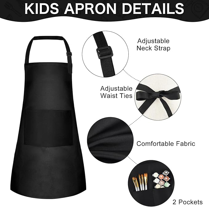 PLULON 20 Pcs Kids Apron Adjustable Kids Chef Apron Set with 2 Pocket for Painting Cooking Baking Grilling Crafting (Black)
