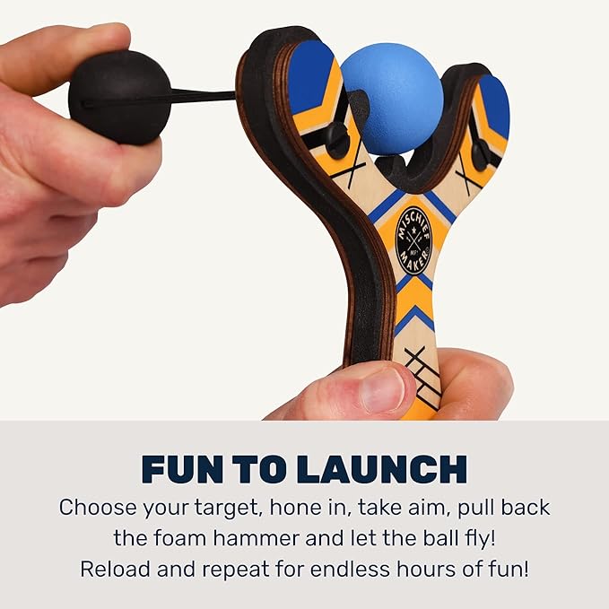 Mighty Fun! - Mischief Maker® Wooden Slingshot - Classic Series - Real Wood Slingshot for Kids, 4 Soft Foam Balls and Storage Bag - Ages 4+ (Blue)