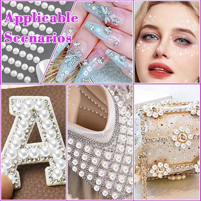 1799 Pcs 4 Sheets Pearl Rhinestone Stickers 3/4/5/6 mm Self Adhesive Rhinestones Gems for Face Eyes Makeup Hair Body (White_pearl-3/4/5/6mm)