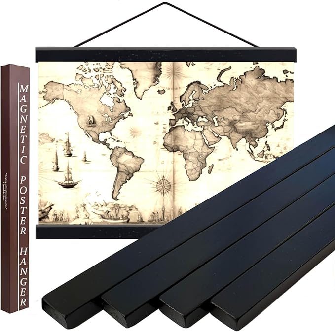 DACRI HOME 32" Wide Magnetic Poster Hanger Frame - 32x24 32x48 32x40 Wooden Frame, Premium Teak Wood, Strong Magnets, Quick Wall Hanging for Poster, Map, Picture, Print, Scroll (32 Inch, Black)
