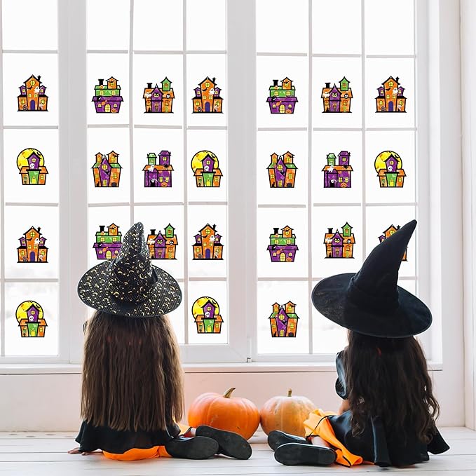 Renbuzhu 36PCS Halloweens Crafts Bulk: Haunted House Paper Suncatchers DIY Kit Party Activities Decorations, Window Stained Glass Effect Art Supplies