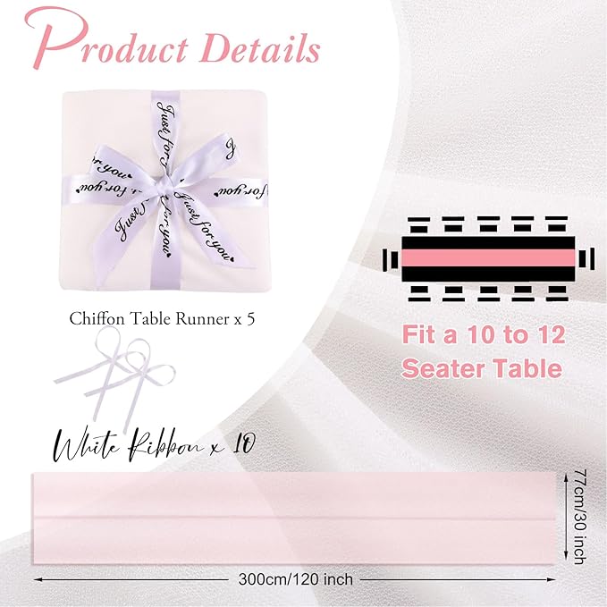5 Packs 10ft White Chiffon Table Runner 30 x 120 Inches Romantic Sheer Table Runners for Wedding Party Bridal Baby Shower Birthday Holiday Decorations