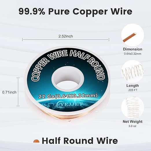 22 Gauge Half-Round Copper Wire - 3.0 oz (205 Feet) Non-Tarnish Metal Wire for Crafting & Prototyping