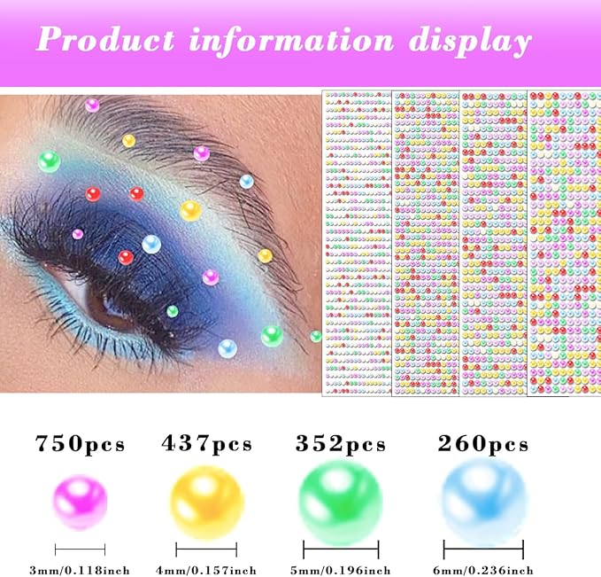1799 Pcs 4 Sheets Pearl Stickers 3/4/5/6 mm Self Adhesive Rhinestones Gems for Face Eyes Makeup Hair Body (Color_pearl-3/4/5/6mm)