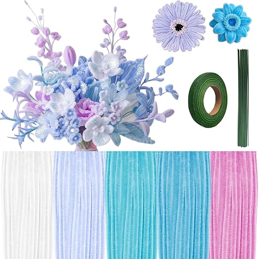 Jolbndcv Pipe Cleaners Flowers Craft Kit,521Pcs Pastel Pipe Cleaners DIY Chenille Stems Makiflower stemsng kit with Flower Stems and Tape