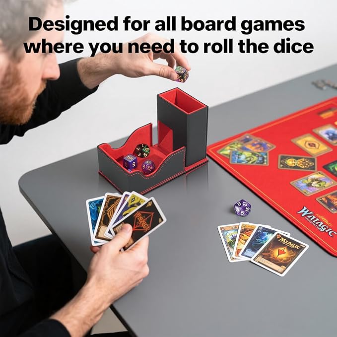 Dice Tower and Tray, Portable Commander Deck Box, Foldable Dice Storage Box for Dungeons and Dragons Rolling Tray Black/Red