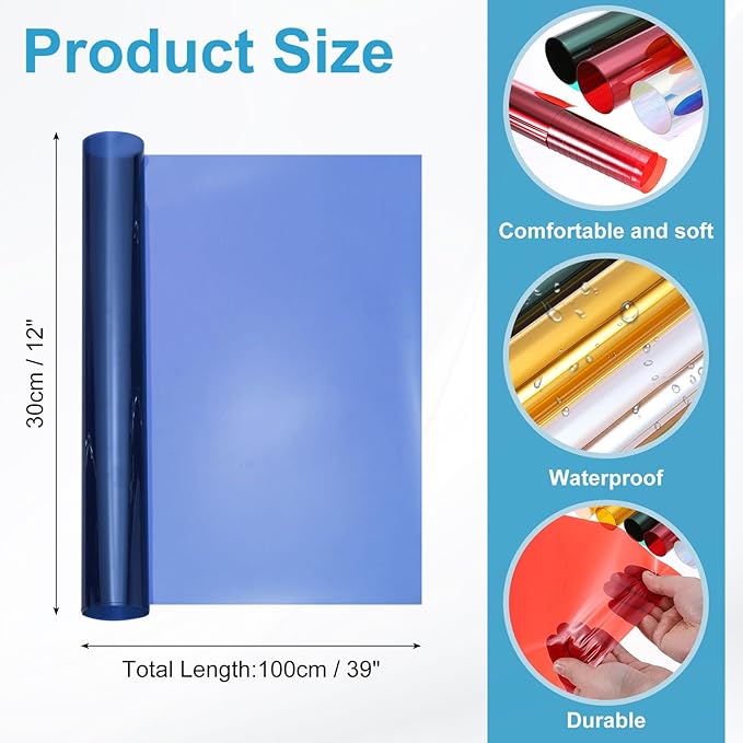 MECCANIXITY Iridescent Window Film,12" x 39" Iridescent Holographic PVC Fabric Dichroic Film Clear Vinyl Paper Roll for DIY Craft Gift Wrapping Bag Decoration,Dark Blue
