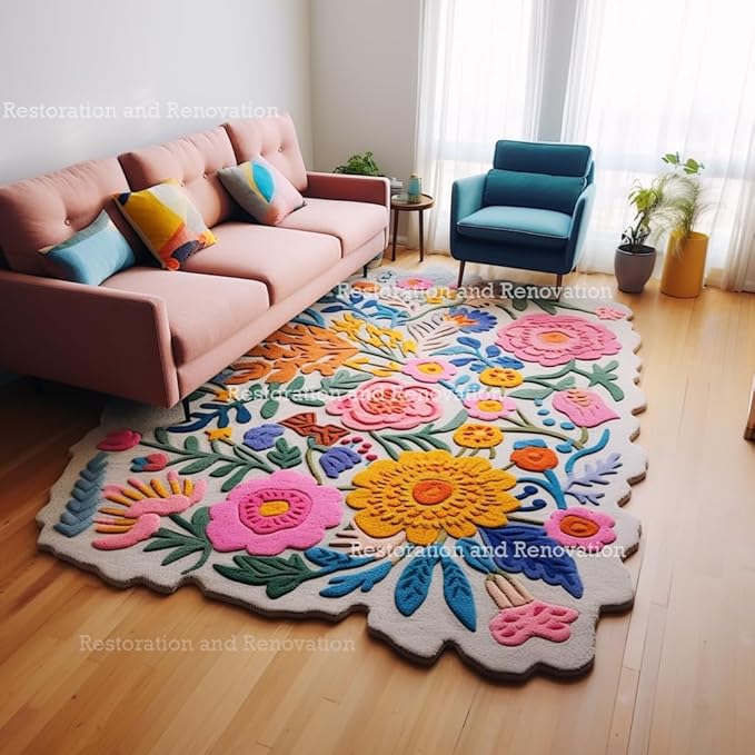 Handmade Wool Floral Area Rug for Living Room | Elegant Flower Garden Design, Soft, Thick and Durable | Bedroom, Dining Room & Home Decor Carpet (8' x 10', Floral H)