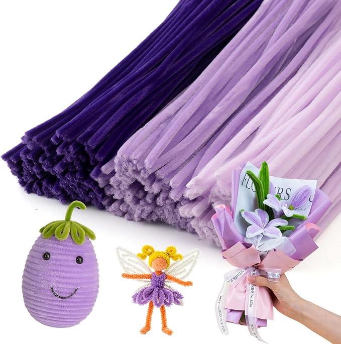 Caydo 300 Pieces Purple Pipe Cleaners, Thick Fluffy Chenille Stems, Pipe Cleaner Crafts for Arts & Crafts, Perfect for Making Animals, Flowers, and Festive Decorations