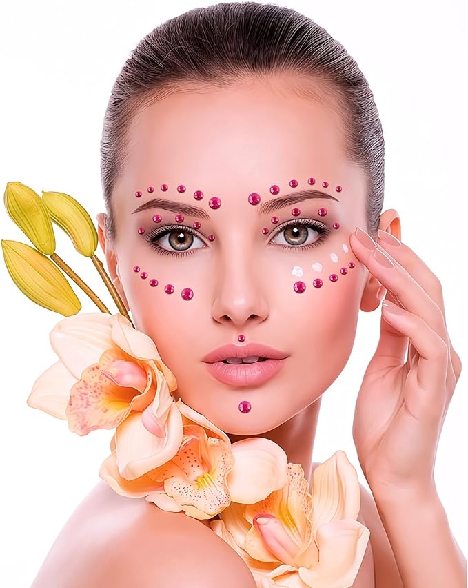 Self Adhesive Face Gems and Pearls for Makeup, Festival Jewels, Hair Gems Pearls, 3/4/5/6/8 mm Round Rhinestone Stickers for Face, Eye, Makeup, Body, Crafts 591Pcs (01_Rose red)