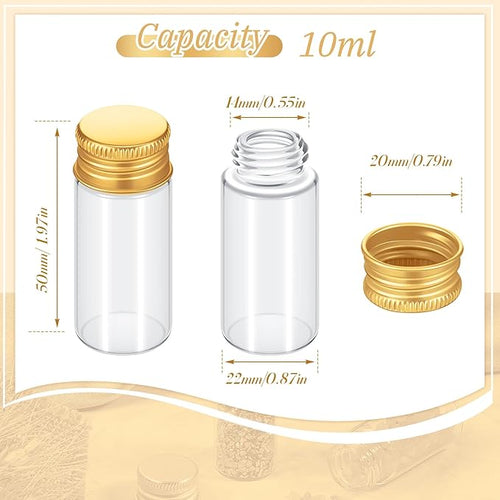 100 Pcs Small Clear Vials Spice Mini Jars with Lids Mini Glass Bottles with Screw Aluminum Metal Caps Tiny Jars Sample Containers for Powder Cream Cosmetic Jewelry Wedding(10 ml,Gold Caps)