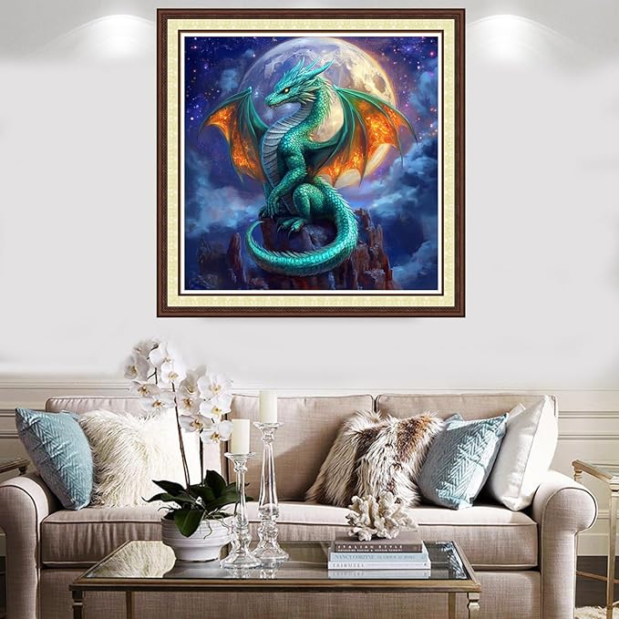 Findvoor Counted Cross Stitch Kits for Adults Full Range of Cross Stitching Embroidery Unprinted Pattern for Beginners, 11CT Needlepoint Kit Patterns Embroidery Kits-Moon Blue Winged Dragon 18x18 inch