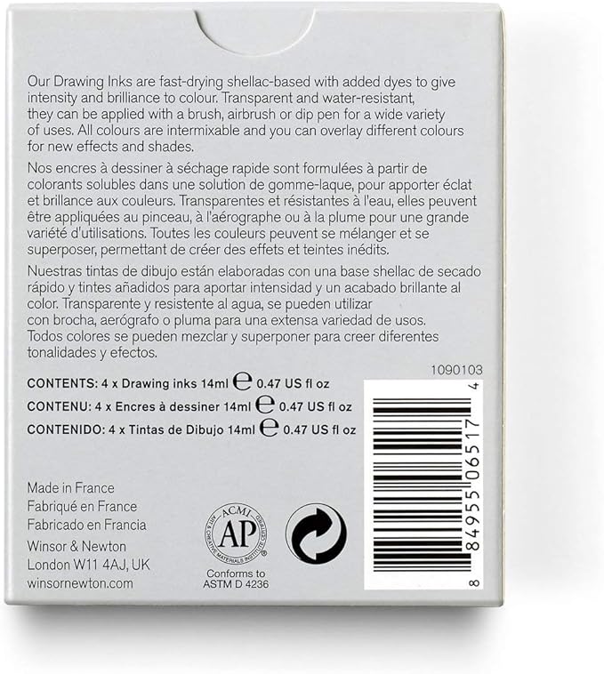 Winsor & Newton Collection Drawing Ink Set, Set of 4, Black, White, Metallic Tones