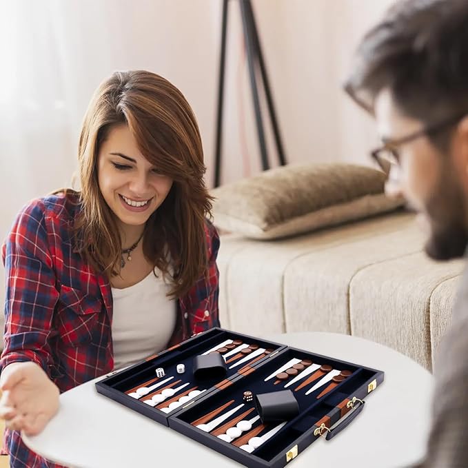 Backgammon Set - Classic Board Game with Premium Leather Case - Portable Travel Strategy Backgammon Game Set for Adults, Kids - Suitable as (11inch, Navy)