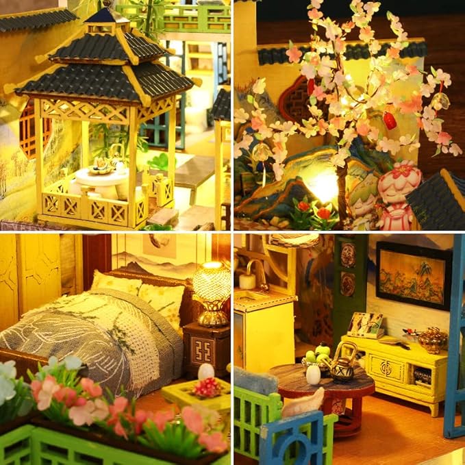 Spilay Dollhouse DIY Miniature Wooden Furniture Kit,Mini Handmade Big Castle Model with Dust Cover & Music Box,with dust Cover 1:24 Scale Creative Doll House for Adult Gift