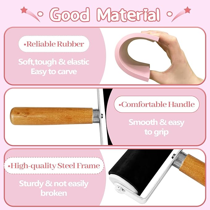 4 Pack Rubber Block Stamp Carving Blocks,Rubber Carving Linoleum Blocks with Cutter Tools,Rubber Brayer Roller for Stamp Maker,Printmaking and More Crafts