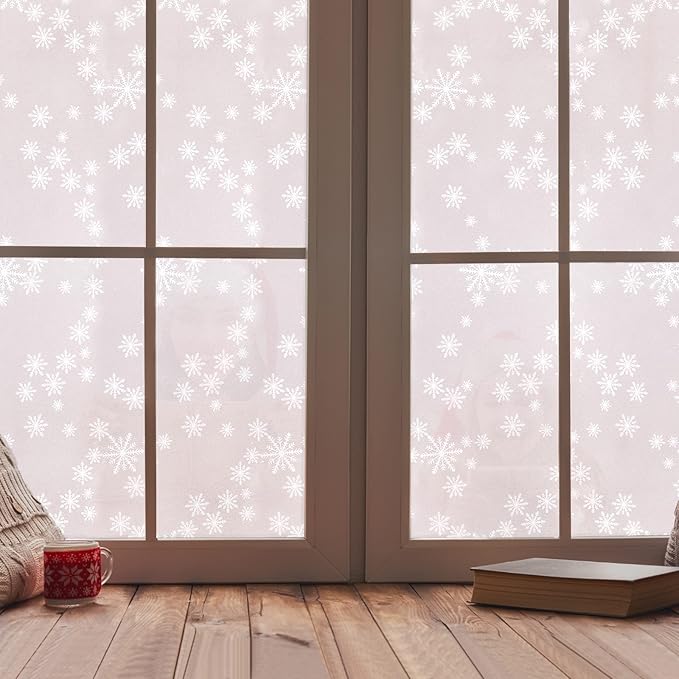 Niviy Privacy Window Film Christmas Decorations Snowflakes Window Clings Decals Stickers Non Adhesive Frosted Glass Film Heat Control 17.7” x 118”