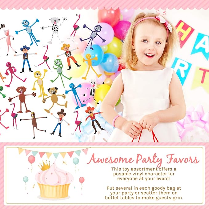 Fun Express Mega Bendable Toy Bulk Assortment 100 Pieces - Party Favors for Kids 4-8 & 8-12 | Classroom Prizes, Treasure Box Toys, Goodie Bag Stuffers | Birthday Party Supplies & Halloween Rewards
