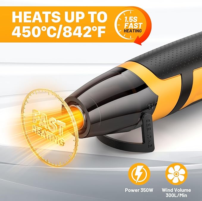 SEEKONE Mini Heat Gun, 350W 2-Temp Settings 500℉ & 842℉（260℃& 450℃） Fast Heat Hot Air Gun Tool with Reflector Nozzle and 4.9Ft Long Cable Overload Protection for Crafting, Vinyl Wrap and Shrink Tubing
