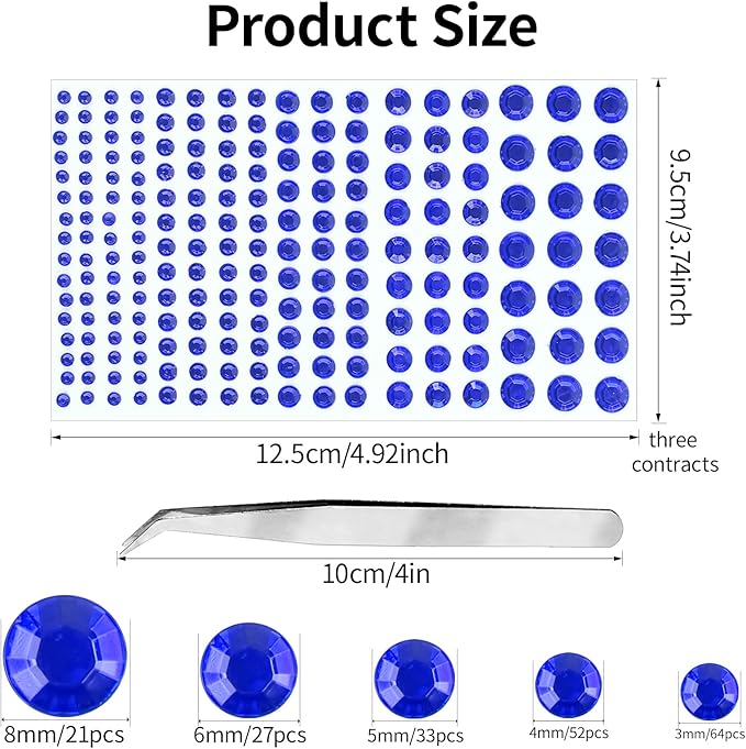 Self Adhesive Face Gems and Pearls for Makeup, Festival Jewels, Hair Gems Pearls, 3/4/5/6/8 mm Round Rhinestone Stickers for Face, Eye, Makeup, Body, Crafts 591Pcs (17_Dark Blue)