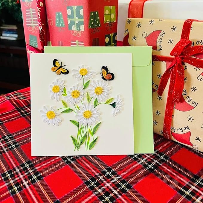 Quilling Cards, handmade card, quilled cards with Dedicated Paper Handmade Art for all occasions: Mother's day, Father's day, Birthday... daisy bouquet (With butterflies)