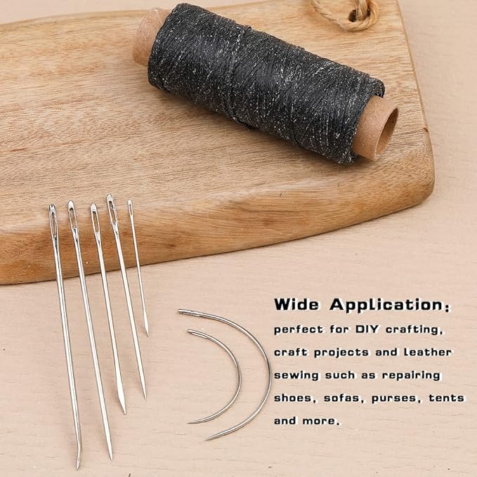 Ftyiwu Black Waxed Thread 55 Yards, Leather Sewing Waxed Thread with Upholstery Needles Hand Sewing Needles for Home Upholstery Carpet Leather Canvas Repair and Sewing