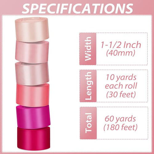 1-1/2 Inch Pink Satin Ribbons for Crafts, 6 Rolls Single-Faced Pink Assorted Ribbons for Gift Wrapping Flower Bouquet Wedding Invitations Bridal Shower Hair Bows Garland Party Decor