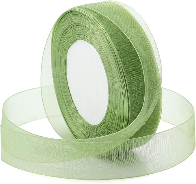 Green Ribbon for Gift Wrapping, 1 inch 50Yard Sage Green Sheer Organza Ribbon for Flower Bouquet, Crafts, Gifts Wrap Chiffon Fabric Ribbons for Birthday, Wedding, Christmas, Easter Decoration