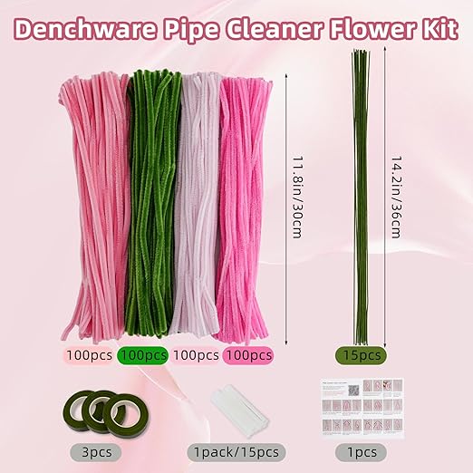 400 Pcs Thick Pipe Cleaners Craft,4 Assorted Colors Pipe Cleaners Bulk,Chenille Stems for DIY Art Project,Pipe Cleaner Flowers Kit(Pink)