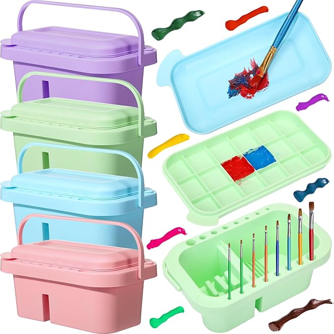 Teenyyou 4 Pcs Paint Brush Cleaner 3 in 1 Multifunction Paint Brush Basin Holder and Organizer with Brushes Holder Washer Trays Palette for Acrylic Watercolor Oil Painting