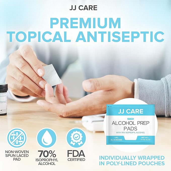 JJ CARE Large Alcohol Prep Pads [Pack of 120], 4 x 6" Sterile Prep Pads Individually Wrapped, 70% Isopropyl Alcohol Wipes, 2 Ply First Aid Swabs, Perfect for Medical, First Aid Kit & Home