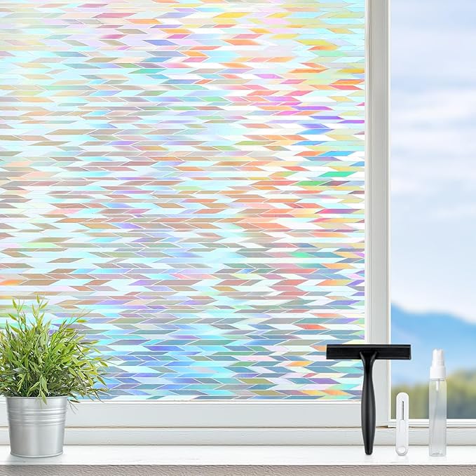 rabbitgoo Window Privacy Film with Installation Tools, Stained Glass Window Film Rainbow Prism Decorative Glass Clings for Home Decor, Static Cling Covering Sun Blocking, 23.6" x 118.1"