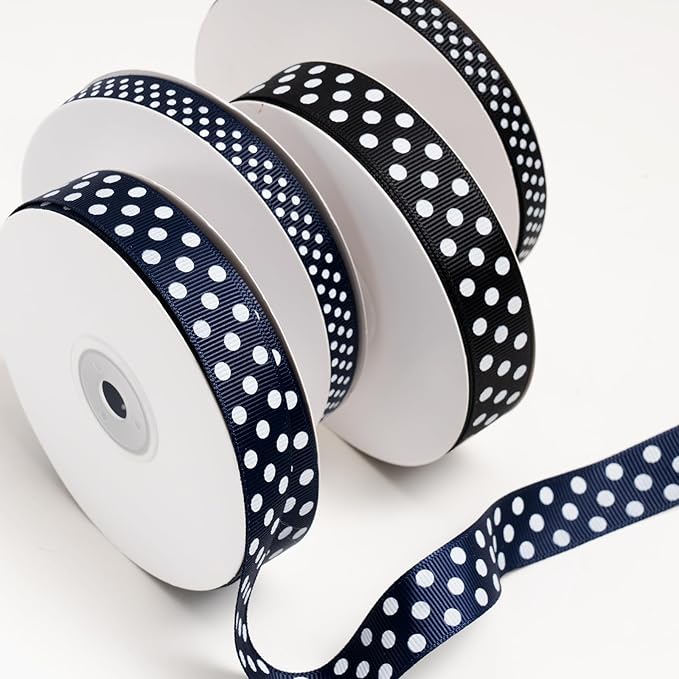 Polka Dot Grosgrain Ribbon 3/8 Inch, 25 Yards Spool Navy Blue and White Dot Craft Ribbon for Christmas Gift Wrapping DIY Crafts Hair Bows Wedding Party Decor Sewing and Home Decoration