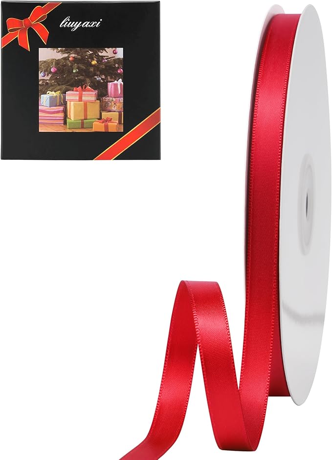 LIUYAXI Hot Red Double Faced Satin Ribbon, 3/8" X Continuous 100 Yards, Ribbons Perfect for Gift Wrapping Bows Bouquet Wedding Decor DIY Craft and More
