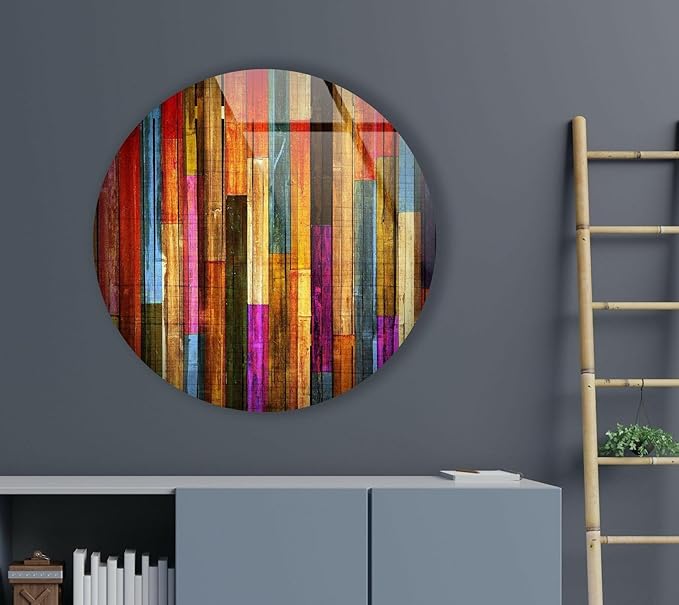 My Photostation.com 10''(25cm) Diameter Colorful Wood Pattern Round Glass Wall Art Tempered Glass Printing Wall Decor Large Wall Art Wall Hangings