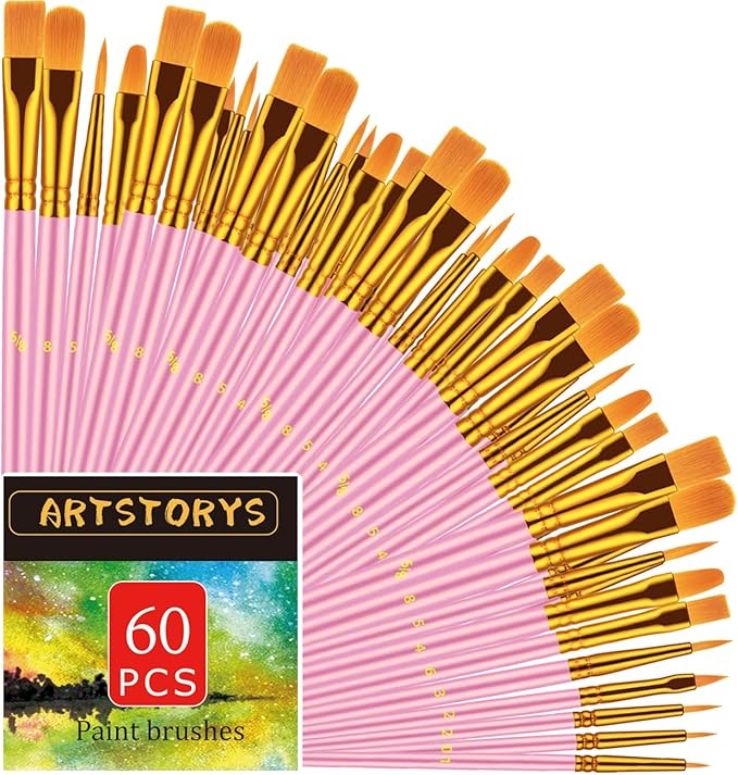 Paint Brushes Set, 60 Pcs Paint Brushes for Acrylic Painting, Oil Watercolor Acrylic Paint Brush, Artist Paintbrushes for Body Face Rock Canvas, Kids Adult Drawing Arts Crafts Supplies, Pink