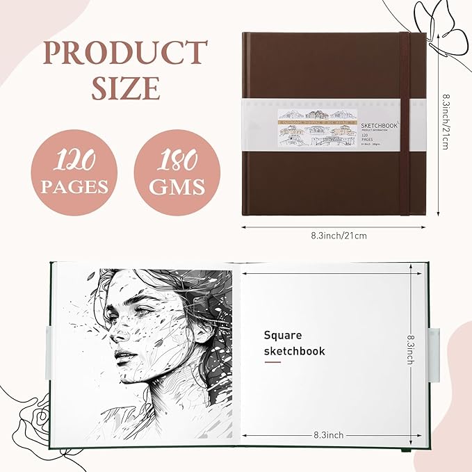 Moinchore Back to School Gifts Square Sketchbook 8 x 8 Inch Hardcover Art Sketch Book Drawing Papers 120 Pages, Mixed Media Journal Notebook with Elastic Closure Sketchbook for Drawing(Brown)